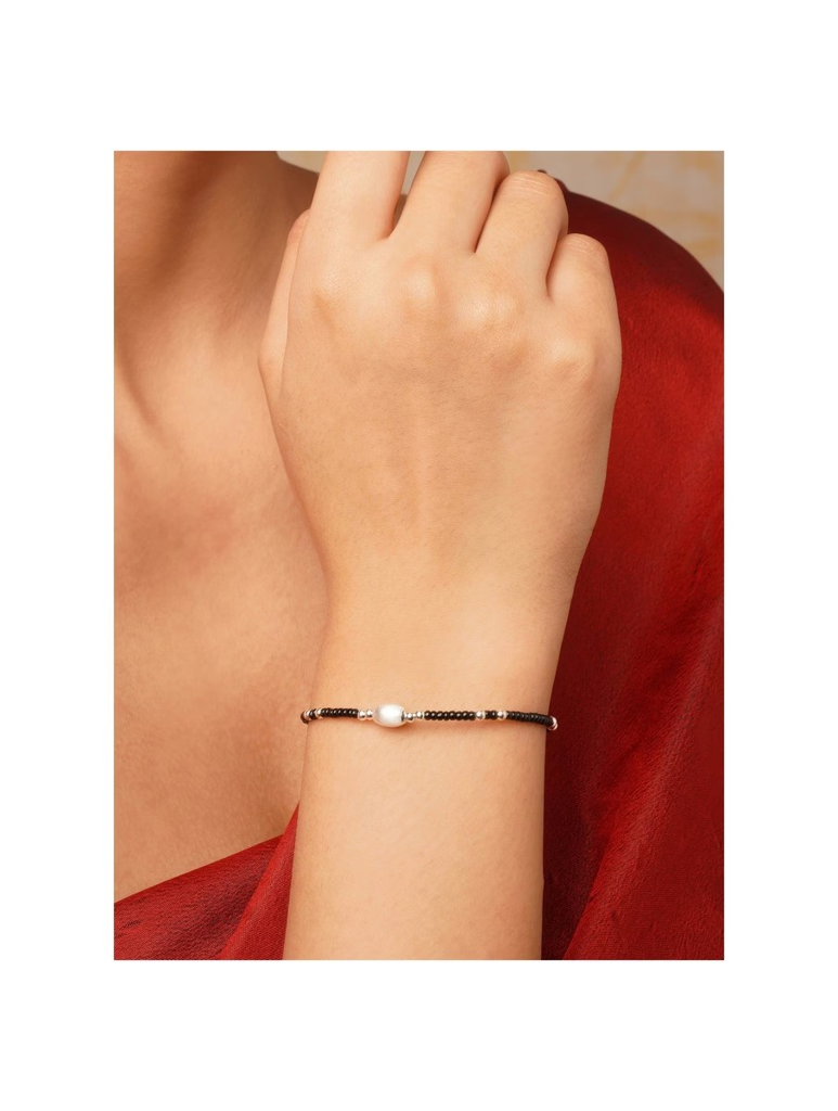 925 Sterling Silver Black Beaded Bracelet With Silver Accents : ARSBR171