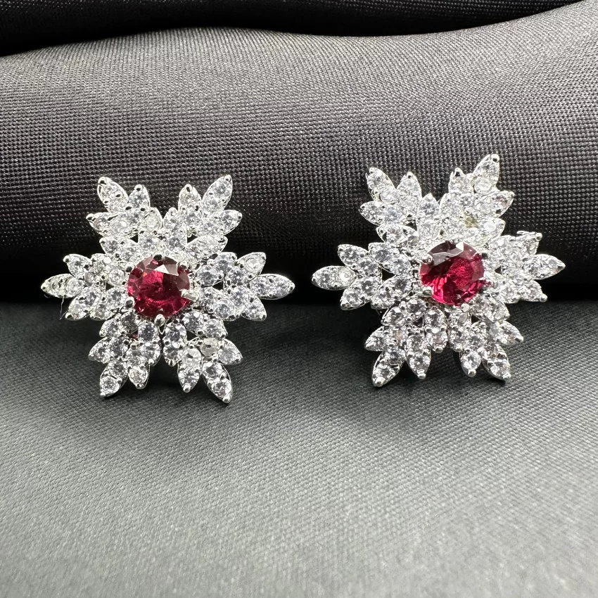 Classy Marquise American Diamond Stone Floral Stud Earrings- Ruby