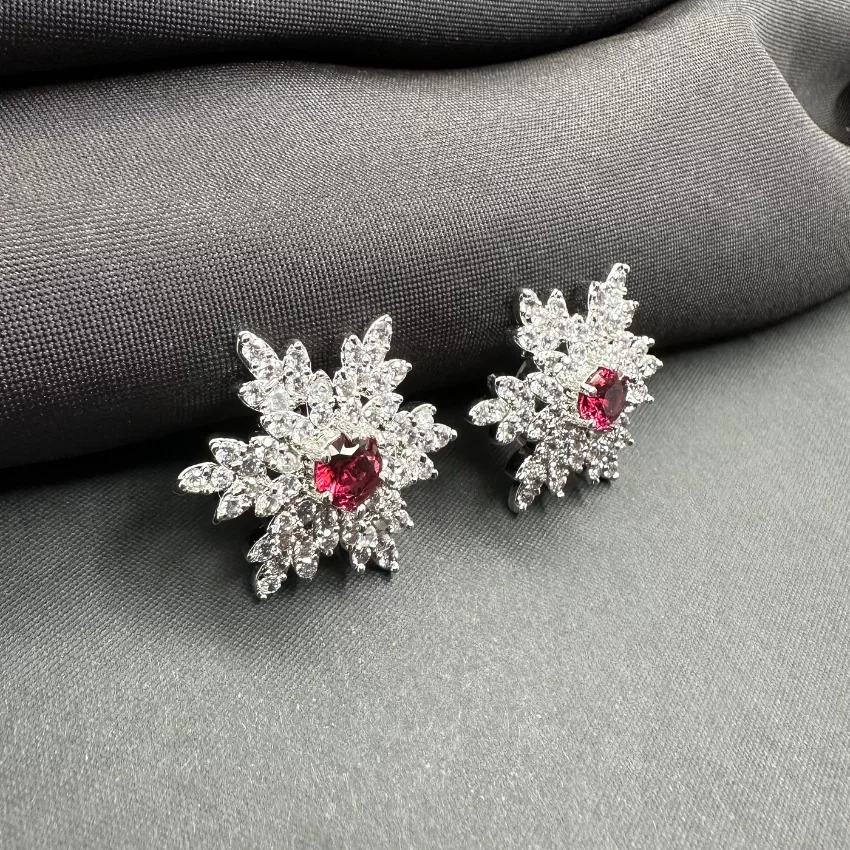 Classy Marquise American Diamond Stone Floral Stud Earrings- Ruby