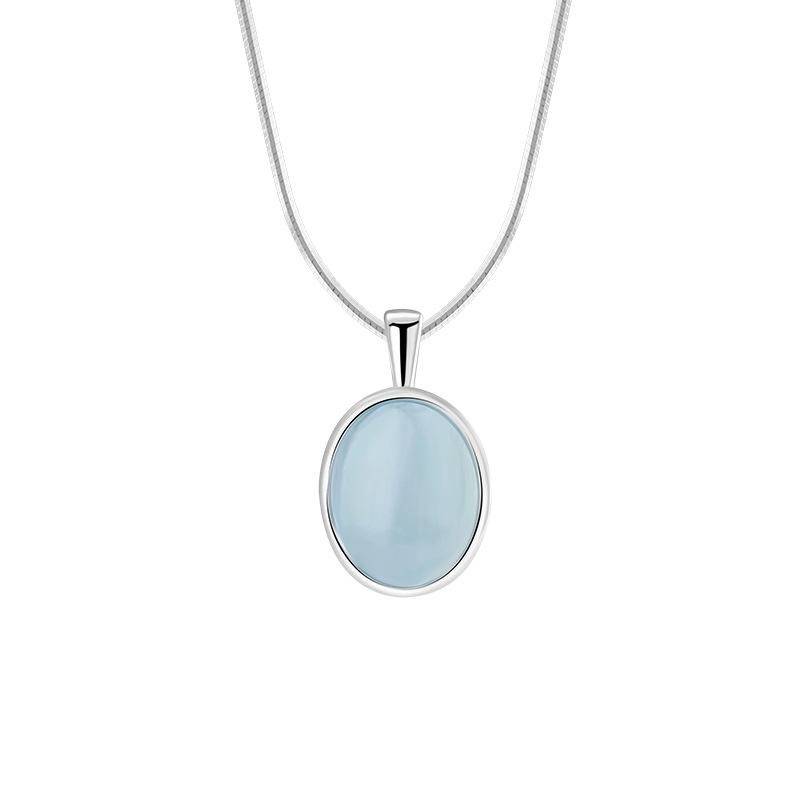 Silver Plated Blue Oval Pendant Necklace For Women – Minimal Glass Stone Necklace With Fine Chain : AST-NEK-0057