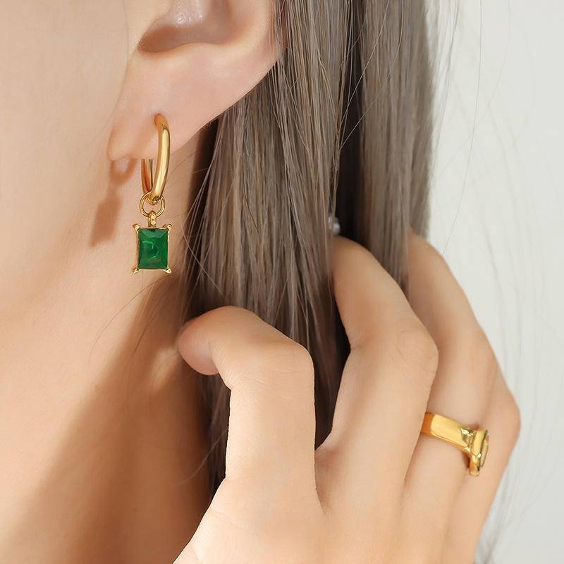 Gold-Plated Green Emerald-Cut Drop Hoop Earrings For Women : AST-EAR-0120