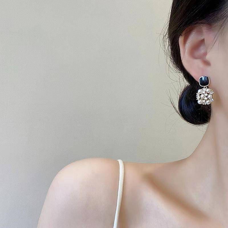 Black & Pearl Statement Drop Earrings For Women | Gold Plated Crystal Stud Earrings | Elegant Party Wear & Luxu : AST-EAR-0078
