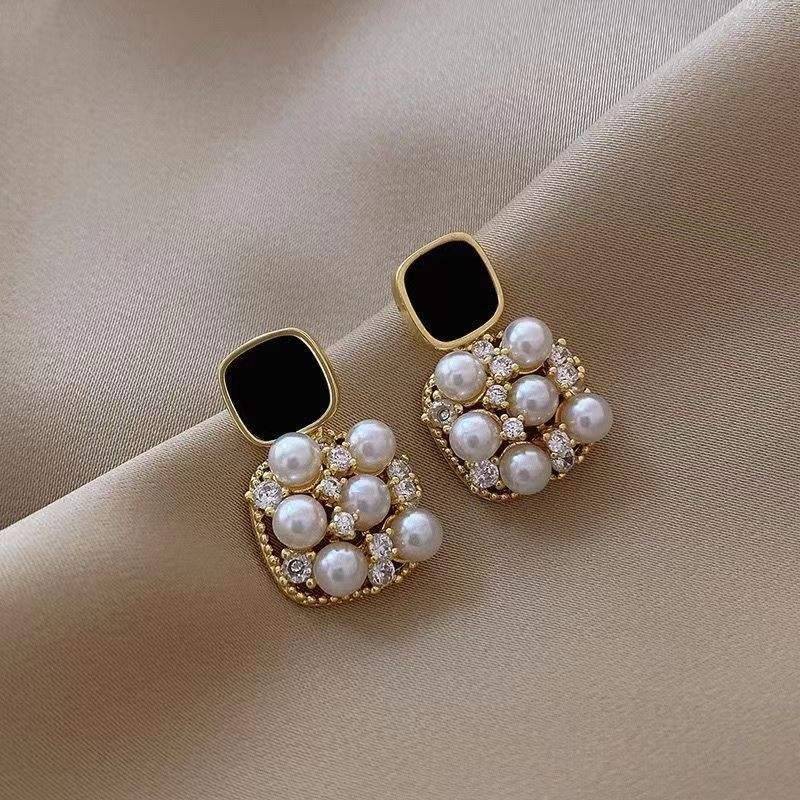 Black & Pearl Statement Drop Earrings For Women | Gold Plated Crystal Stud Earrings | Elegant Party Wear & Luxu : AST-EAR-0078