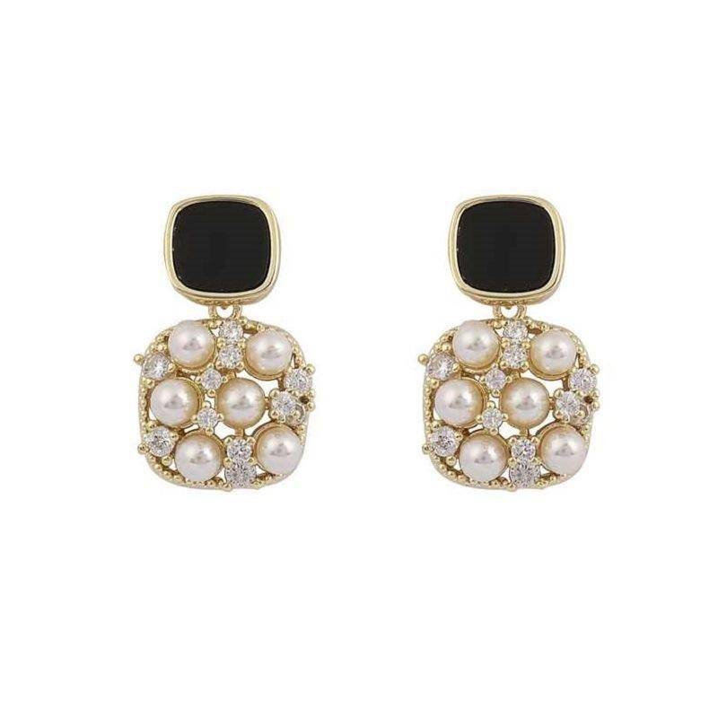 Black & Pearl Statement Drop Earrings For Women | Gold Plated Crystal Stud Earrings | Elegant Party Wear & Luxu : AST-EAR-0078