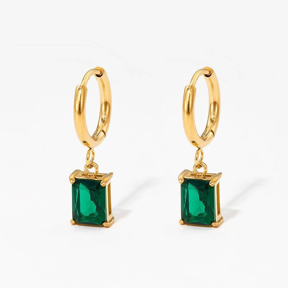 Gold-Plated Green Emerald-Cut Drop Hoop Earrings For Women : AST-EAR-0120