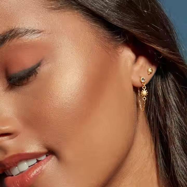 18K Gold Plated Anti-Tarnish Sun & Moon Chain Earrings : EAR-317
