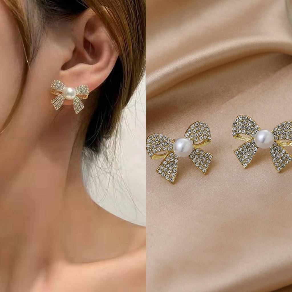 Crystal Bow Pearl Stud Earrings For Women | Gold Plated Sparkling Bow Earrings | Elegant Party Wear & Cute Dail : AST-EAR-0080