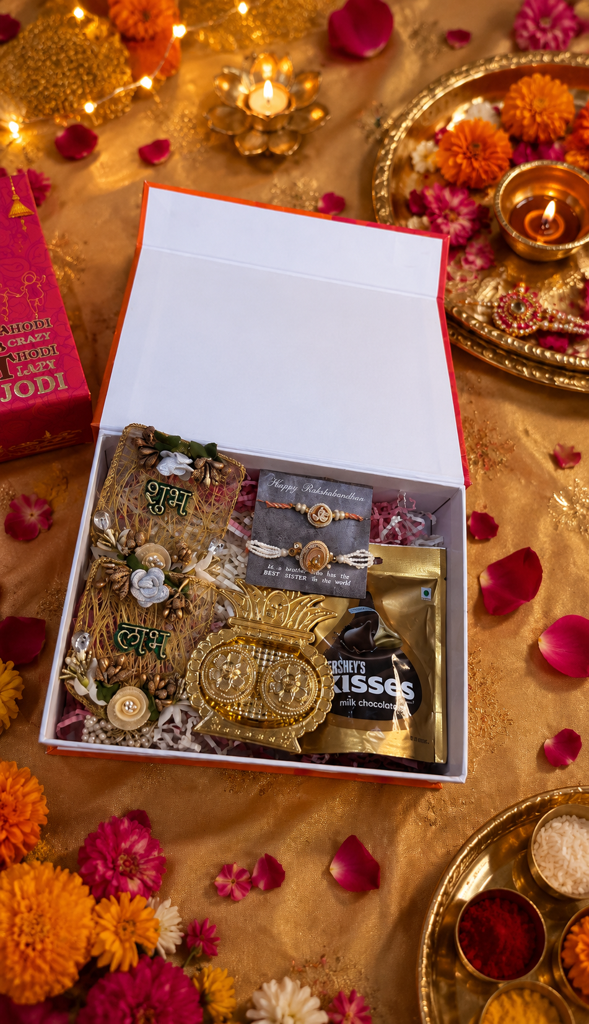 Peach White Kundan Rakhi & Lumba Hamper Set : HAM-011