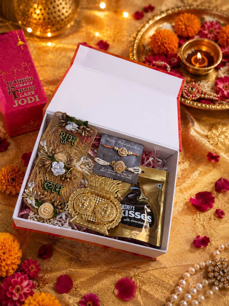 Peach White Kundan Rakhi & Lumba Hamper Set : HAM-011