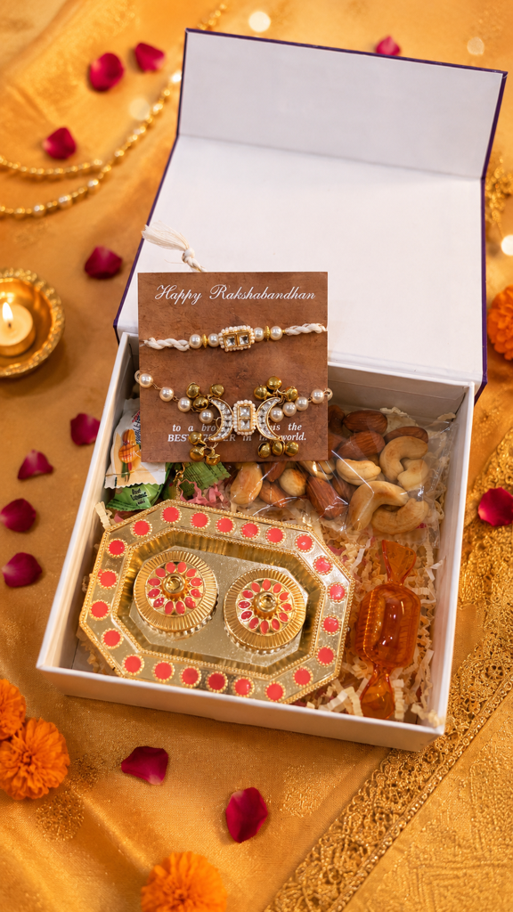 White Kundan And Pearls Rakhi & Lumba Hamper Set : HAM-015