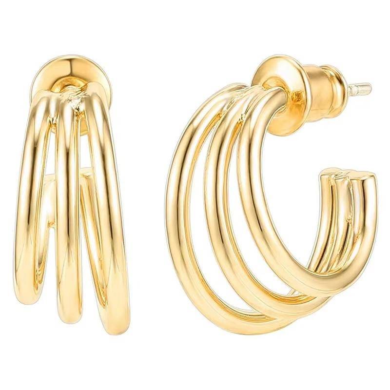 Gold Plated Multi-Layer Hoop Earrings For Women | Triple Line Designer Hoops | Minimal Trendy Everyday Earrings : AST-EAR-0009