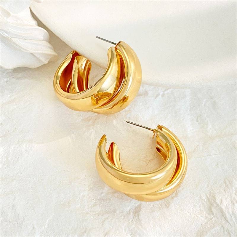 Gold Plated Chunky Hoop Earrings For Women | Double Layer Twist Design Hoops | Trendy Statement Earrings For Da : AST-EAR-0008