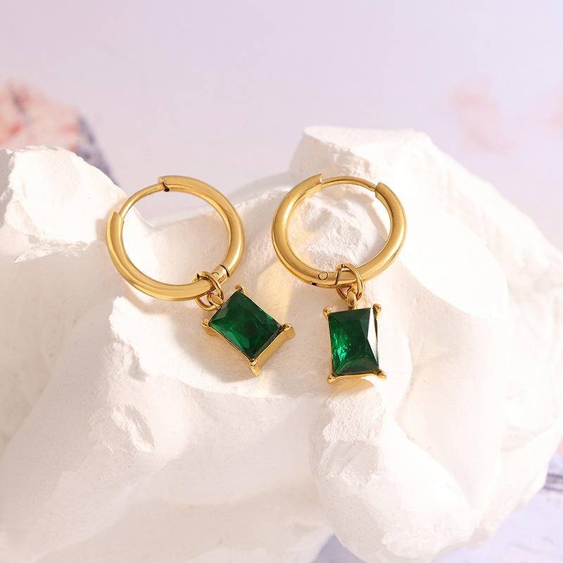 Gold-Plated Green Emerald-Cut Drop Hoop Earrings For Women : AST-EAR-0120