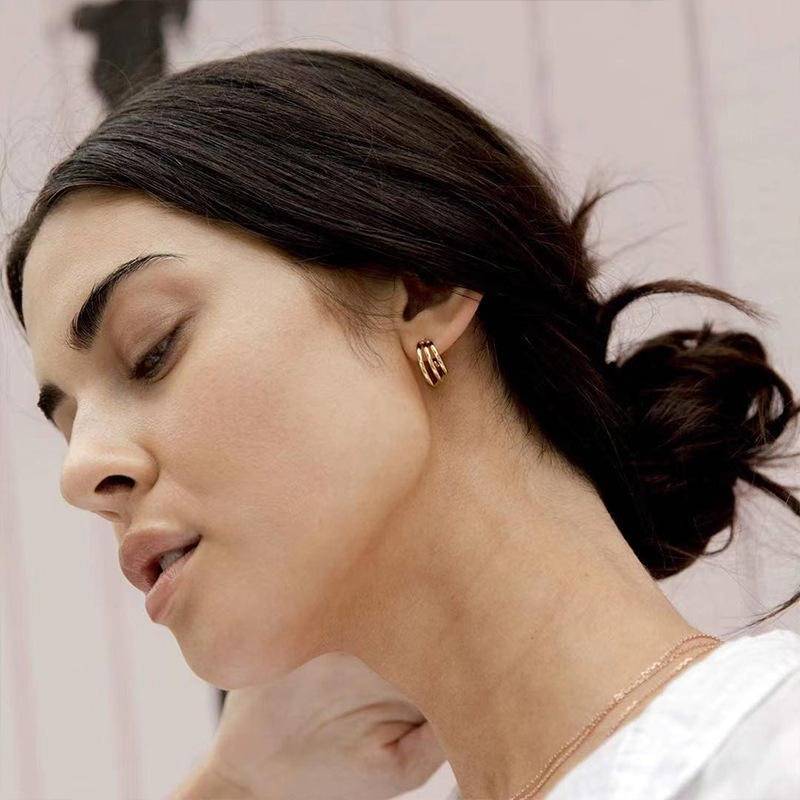 Gold Plated Multi-Layer Hoop Earrings For Women | Triple Line Designer Hoops | Minimal Trendy Everyday Earrings : AST-EAR-0009