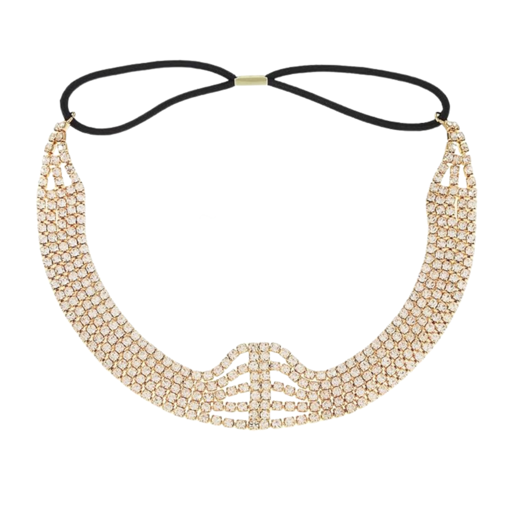 Multi Layer Crystal Bridal Headband For Women Elastic Rhinestone Wedding Forehead Hair Band Gold Party Wear Des : M4SK-PT-GOLD