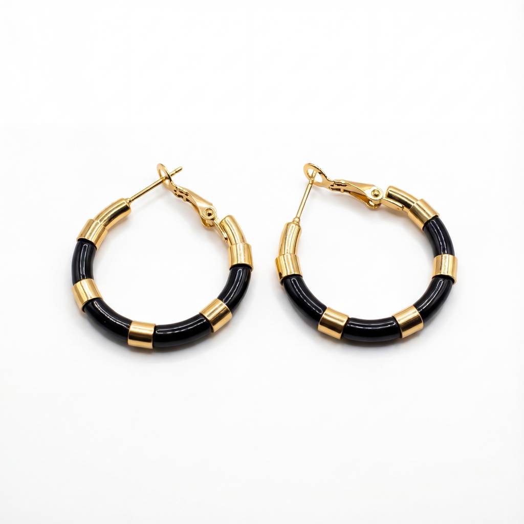 Korean Onyx & Gold Segmented Hoops : YUFSER272