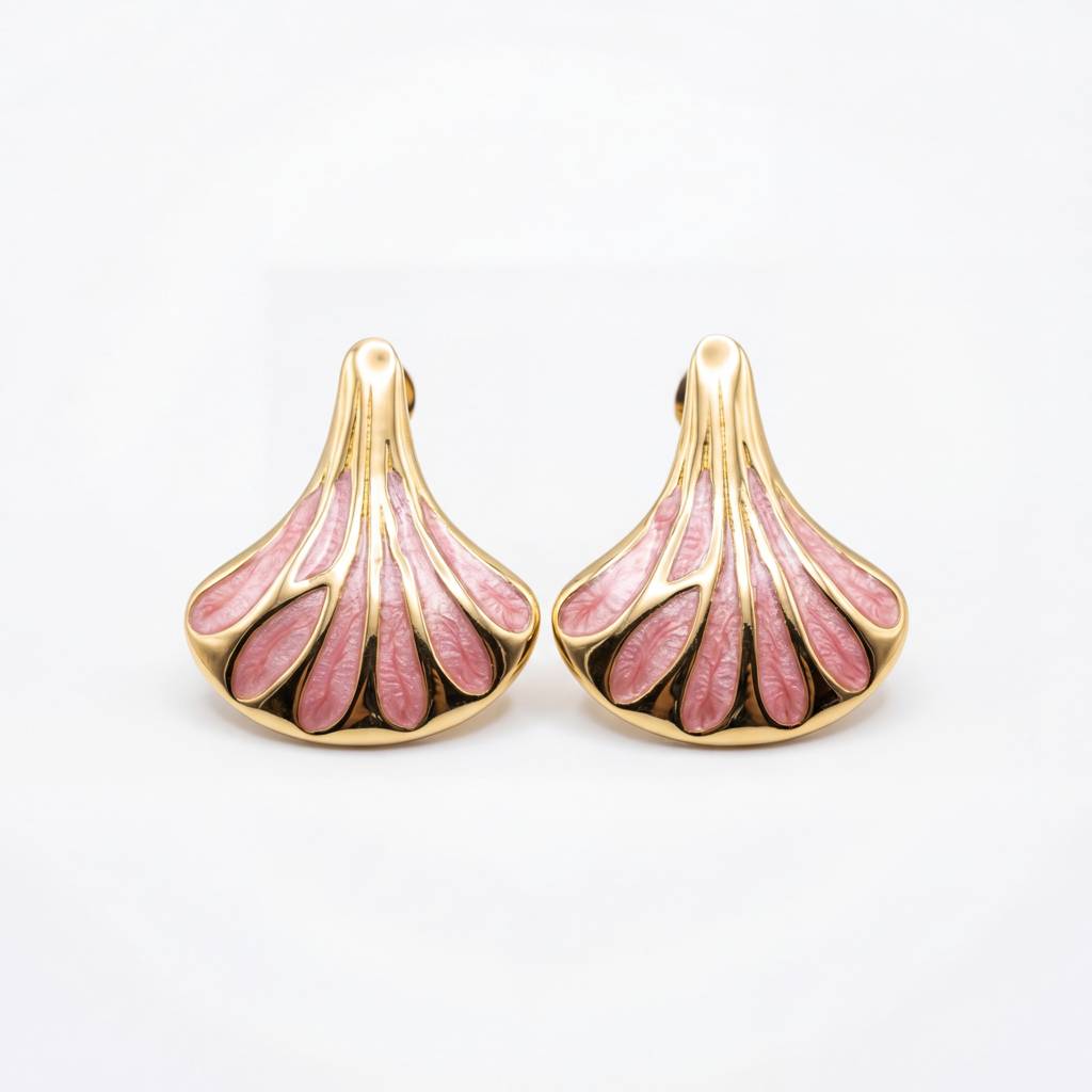 Korean Coral Pink & Gold Fan Earrings : YUFSER273