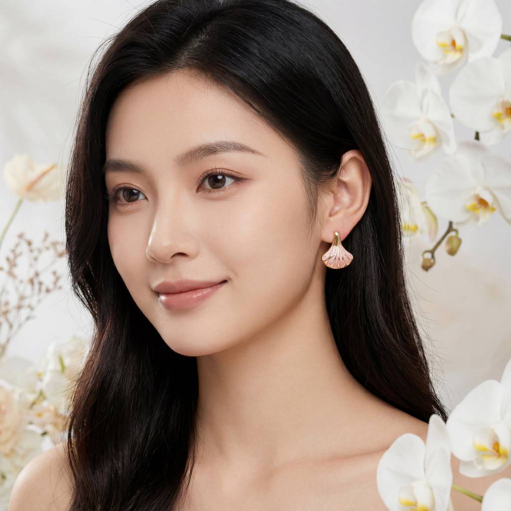 Korean Coral Pink & Gold Fan Earrings : YUFSER273