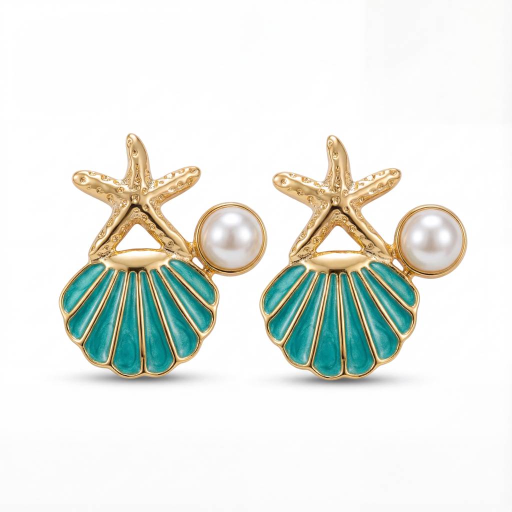 Korean Ocean Trio Starfish & Scallop Earrings : YUFSER274