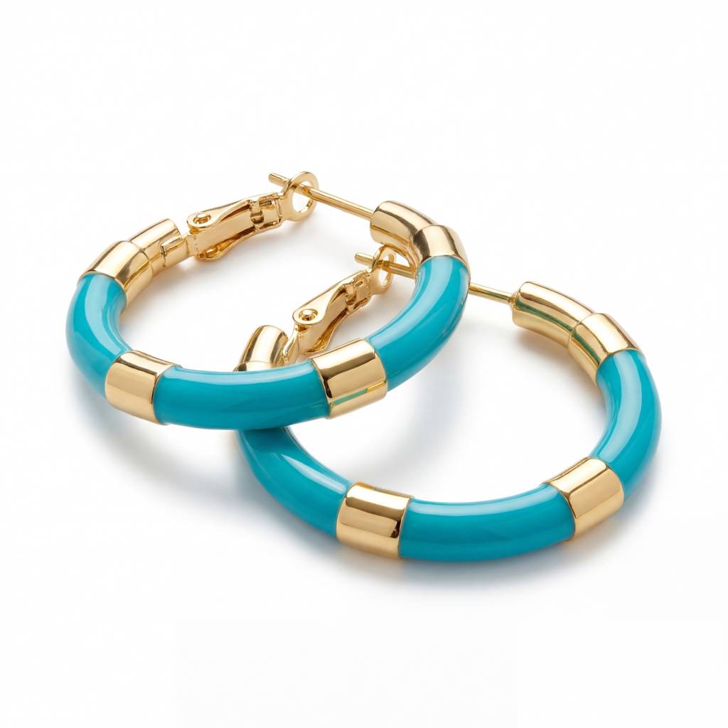 Korean Turquoise & Gold Segmented Hoops : YUFSER275