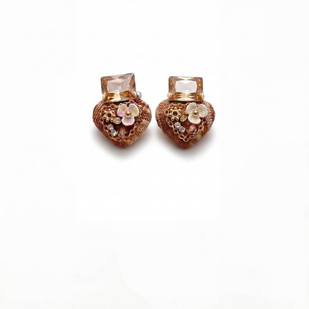 Korean Champagne Crystal & Tweed Heart Studs : YUFSER277