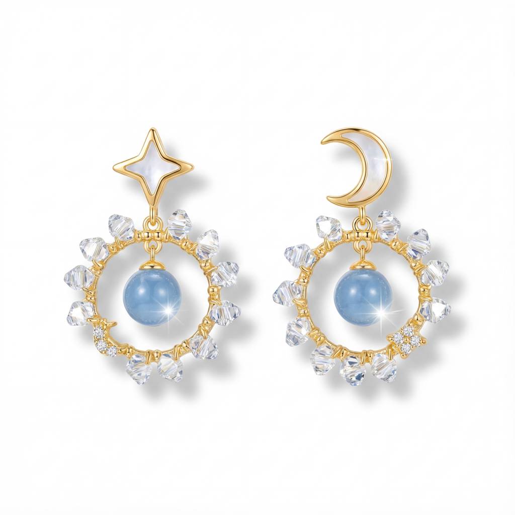 Korean Celestial Blue Moon & Star Drop Earrings : YUFSER279