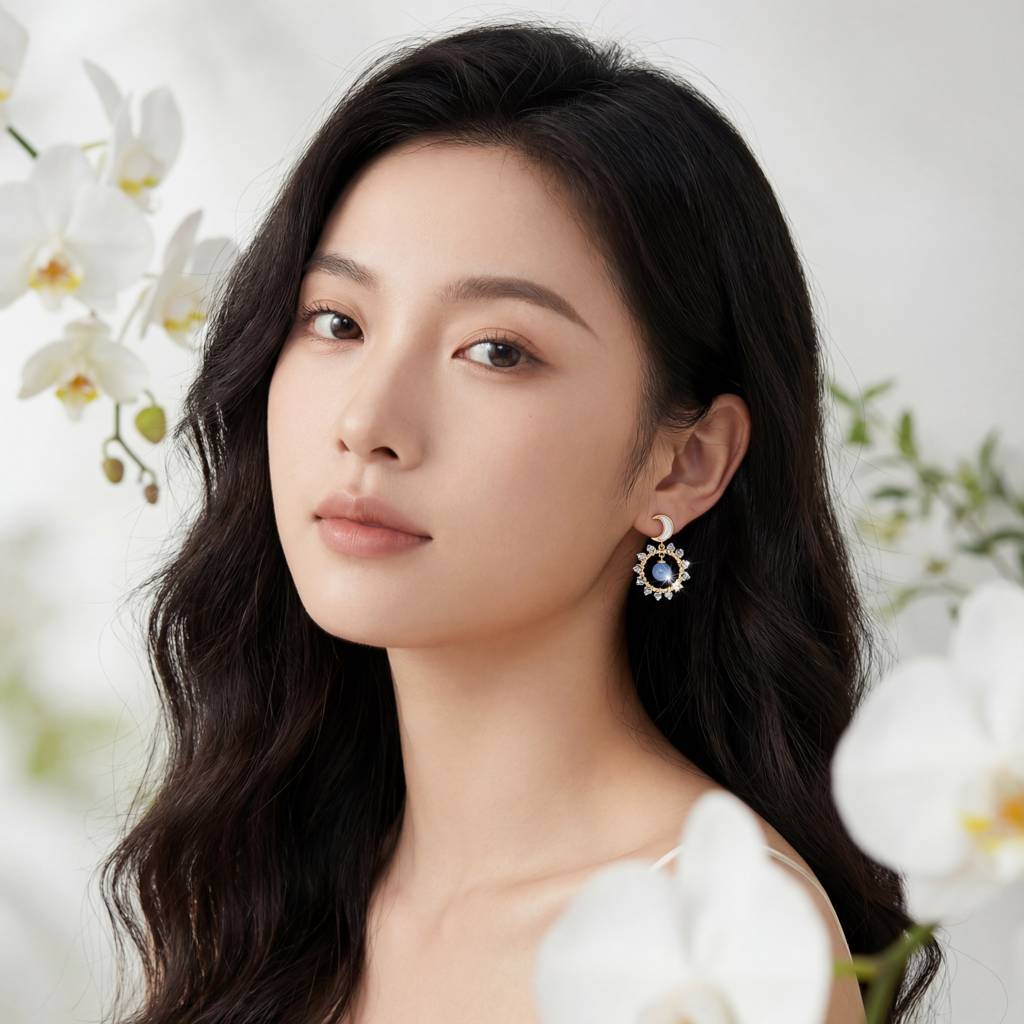 Korean Celestial Blue Moon & Star Drop Earrings : YUFSER279