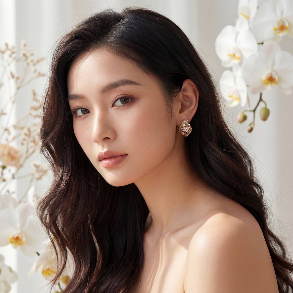 Korean Champagne Crystal & Tweed Heart Studs : YUFSER277