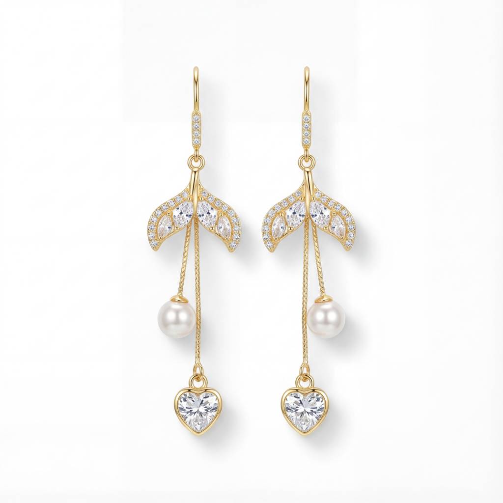 Korean Sparkling Flora & Heart Statement Dangles : YUFSER284