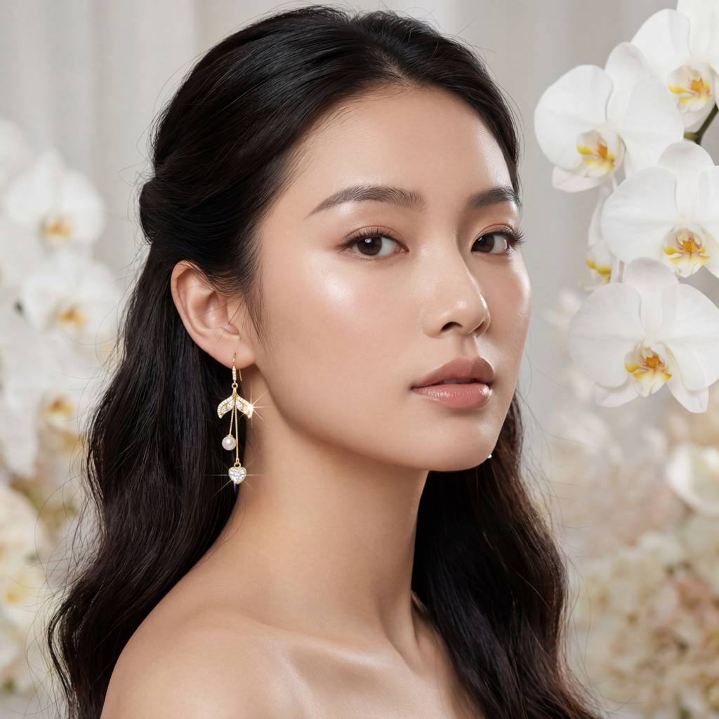 Korean Sparkling Flora & Heart Statement Dangles : YUFSER284