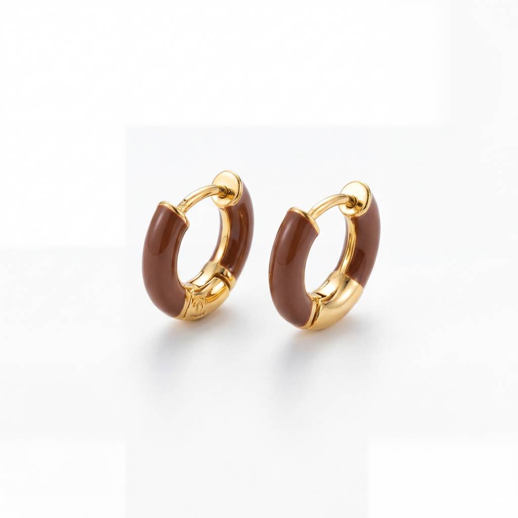 Korean Mocha Enamel & Gold Huggie Hoops : YUFSER292