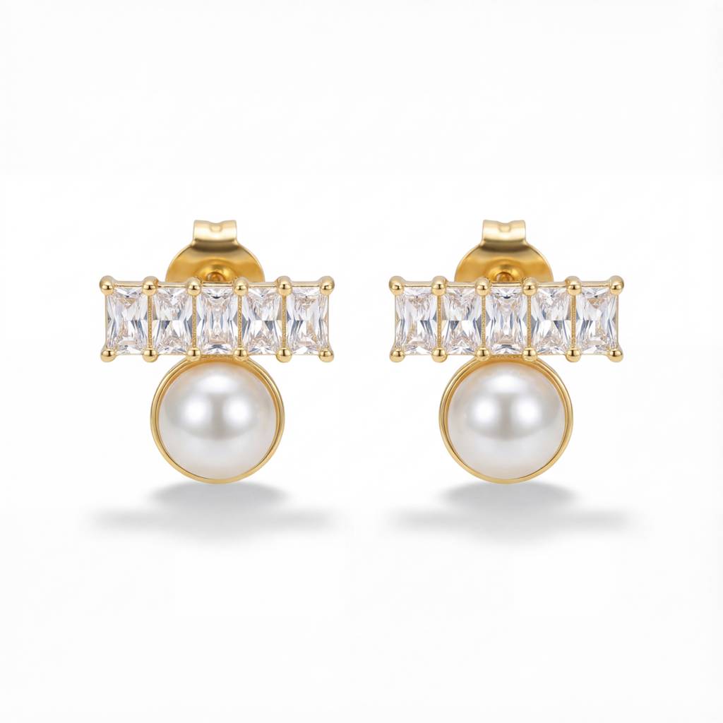 Korean Baguette Crystal & Pearl Drop Stud Earrings : YUFSER295