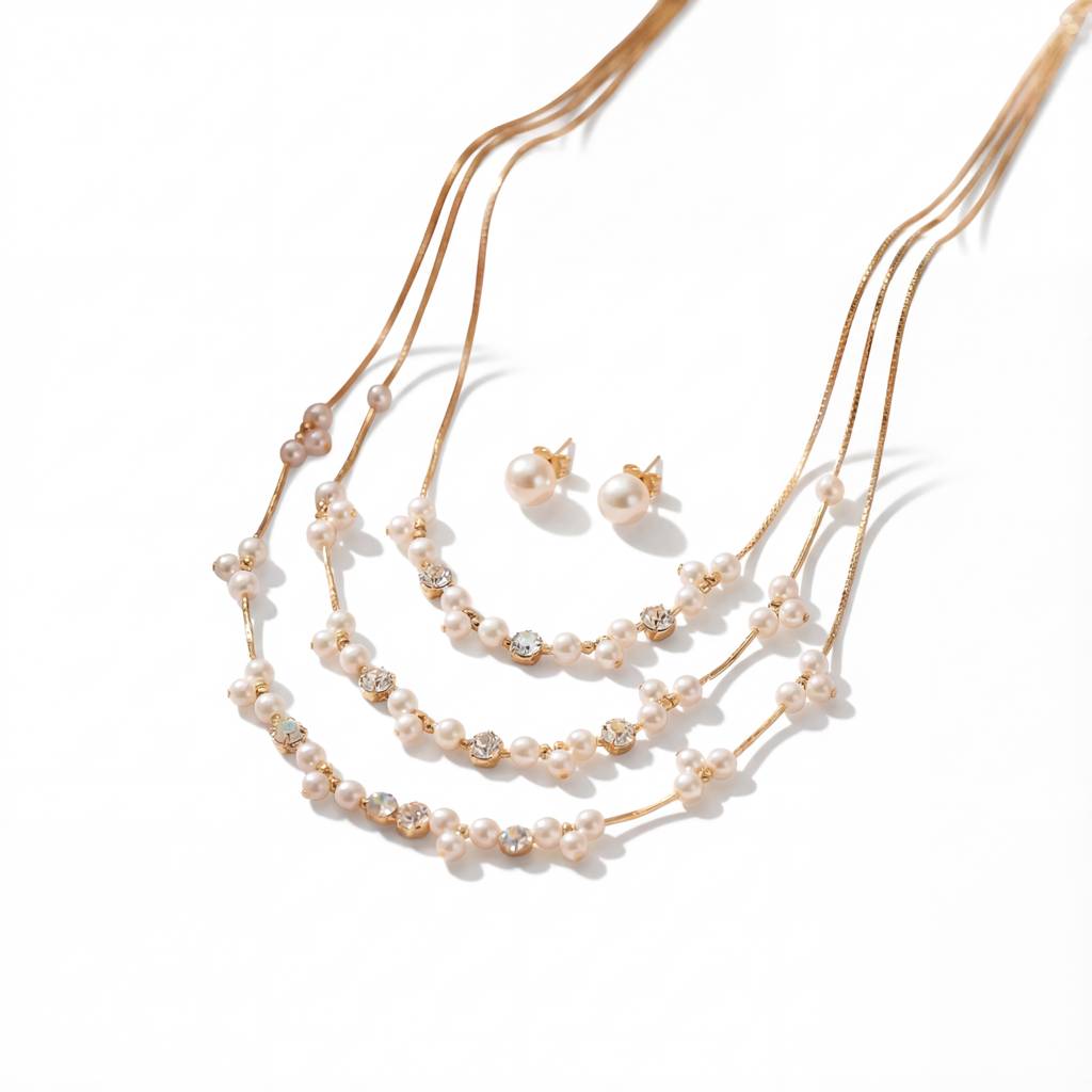 Korean Cascade Layered Pearl & Crystal Jewelry Set : YUFSNS006