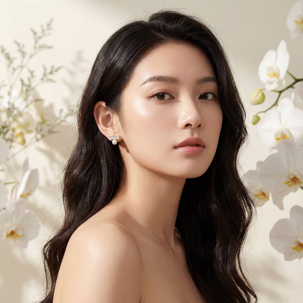 Korean Baguette Crystal & Pearl Drop Stud Earrings : YUFSER295