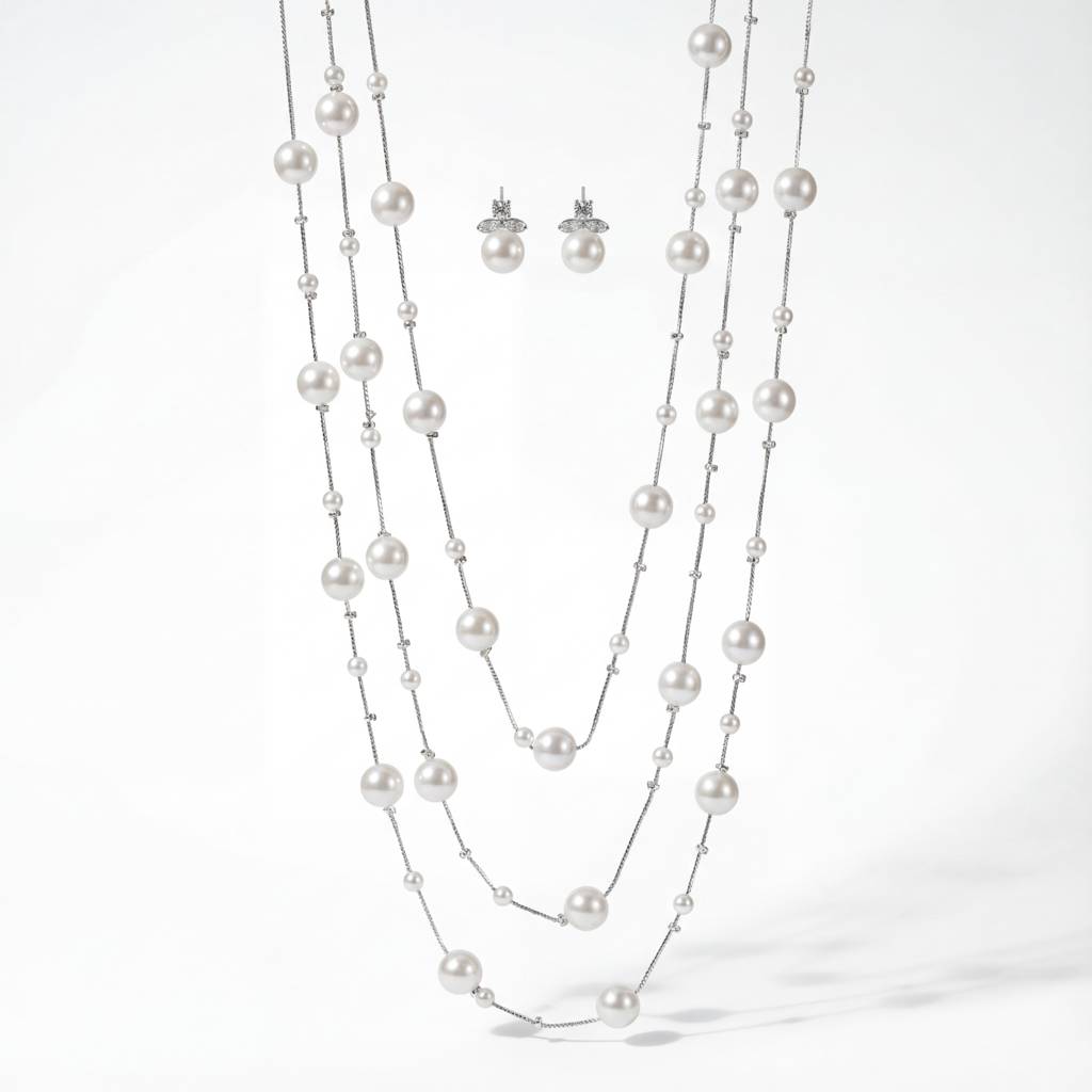Korean Cascade Layered Pearl Jewelry Set : YUFSNS011
