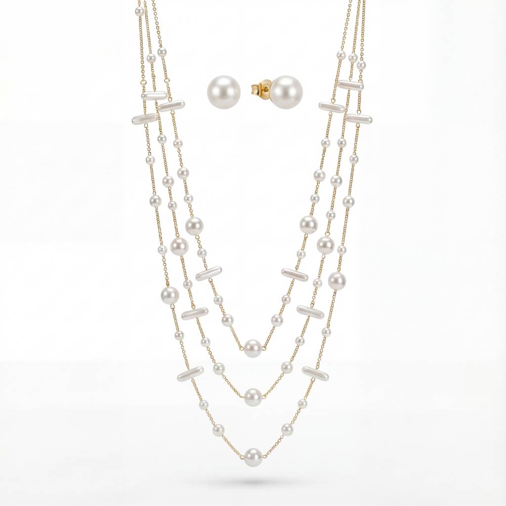 Korean Golden Layered Multi-Shape Pearl Jewelry Set : YUFSNS012