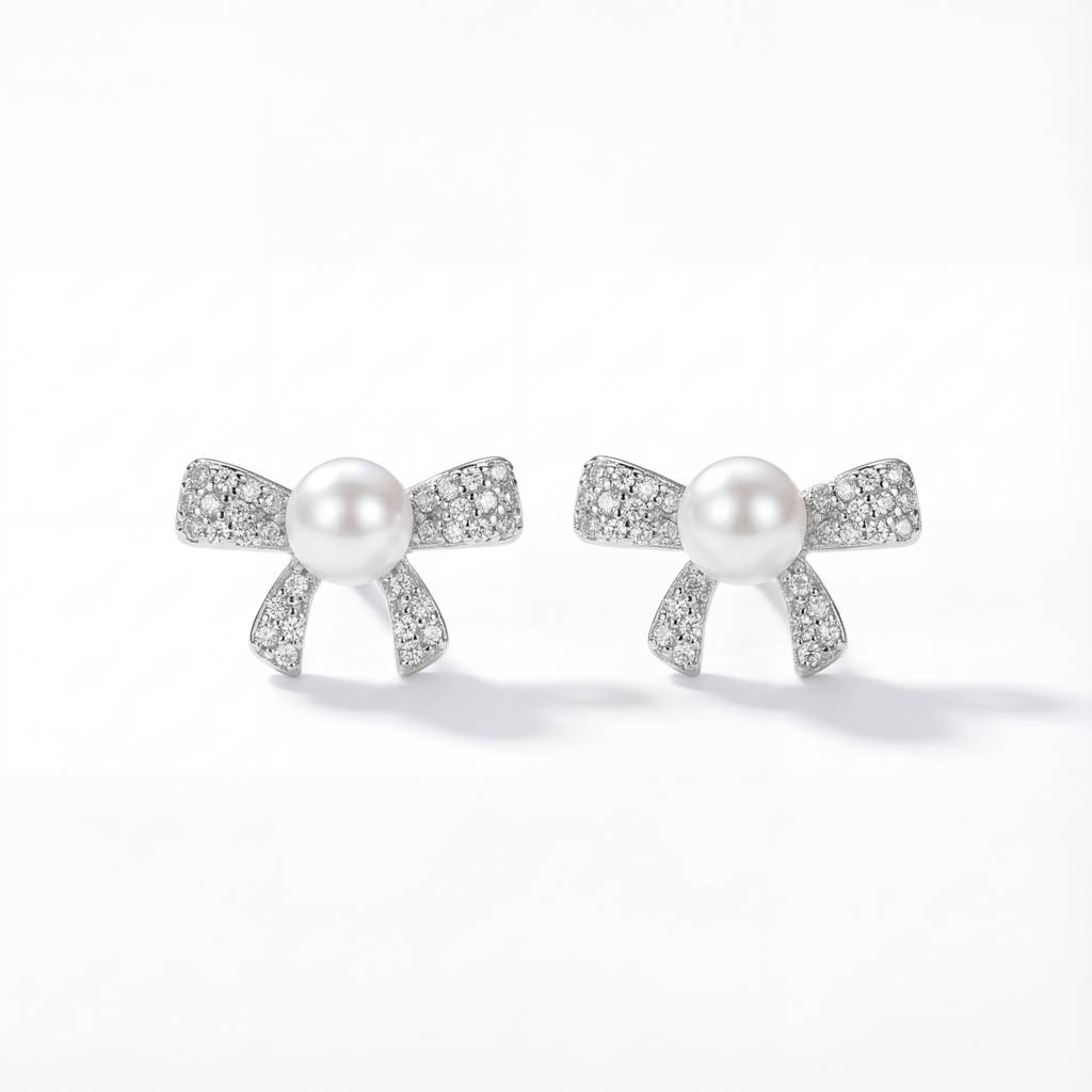 Korean  Bow & Pearl Stud Earrings : YUFSER003-SL