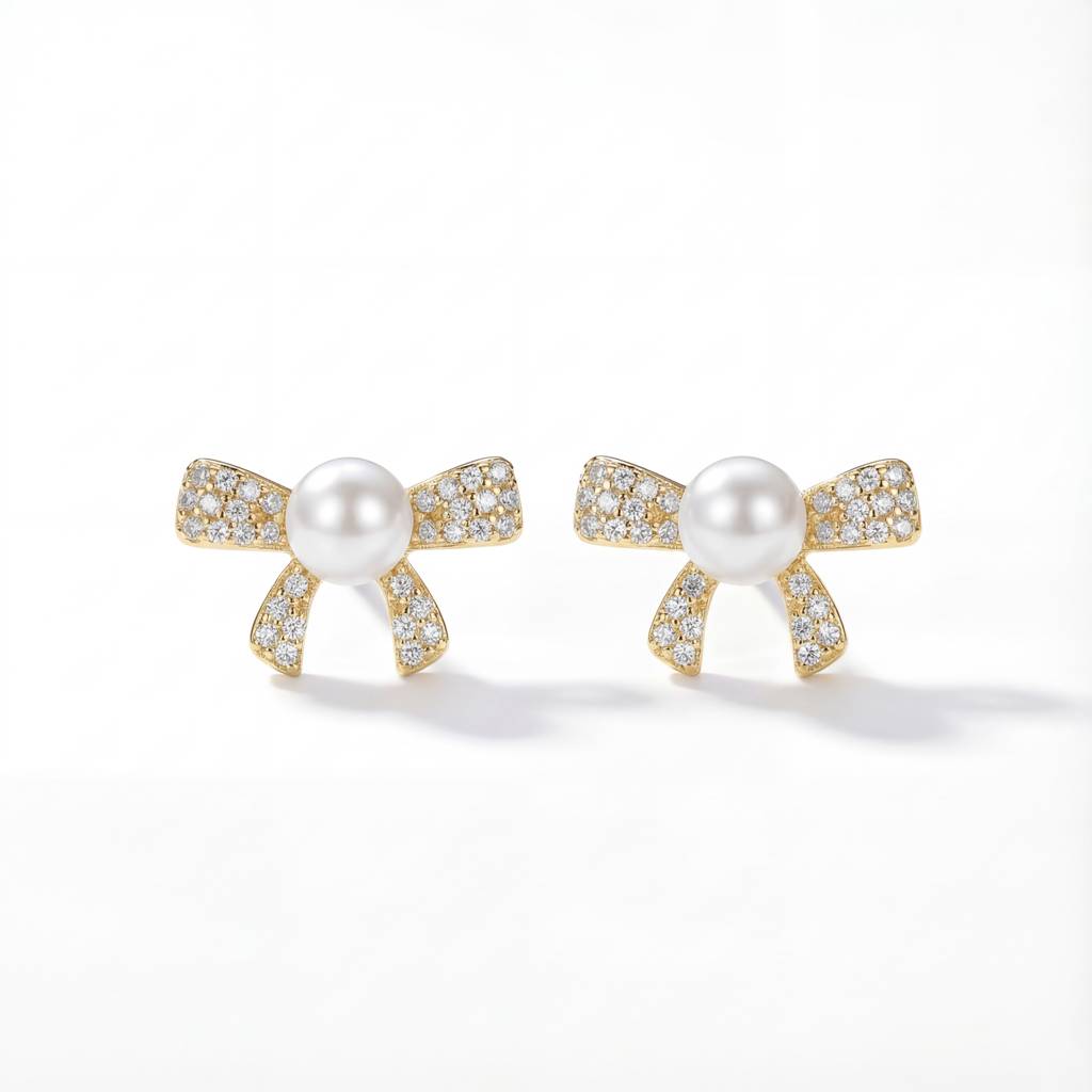 Korean  Bow & Pearl Stud Earrings : YUFSER003-YG