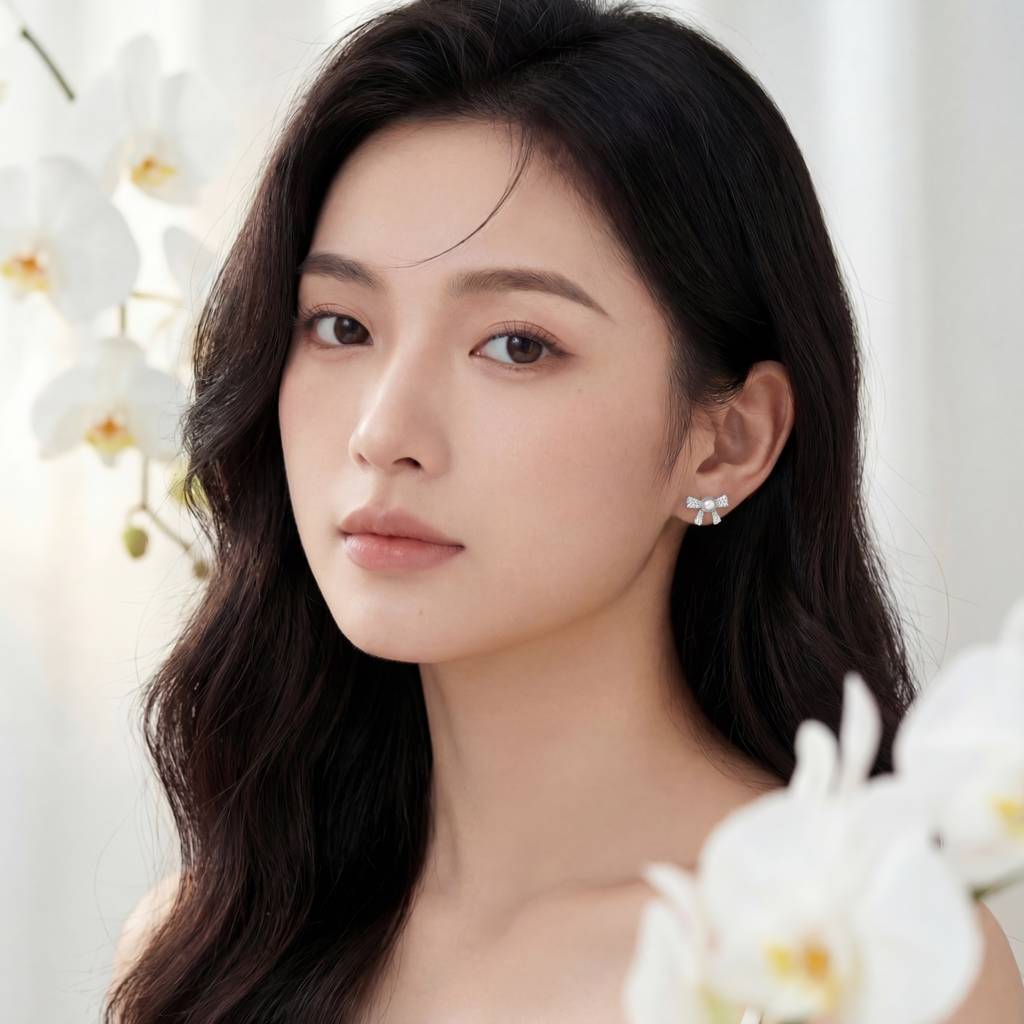 Korean  Bow & Pearl Stud Earrings : YUFSER003-SL