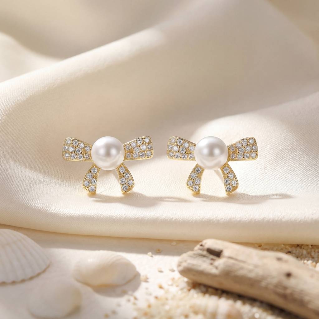 Korean  Bow & Pearl Stud Earrings : YUFSER003-YG