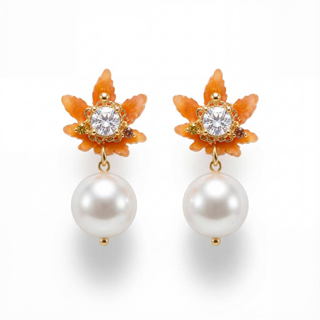 Korean Autumn Breeze Pearl & Amber Leaf Drops : YUFSER301