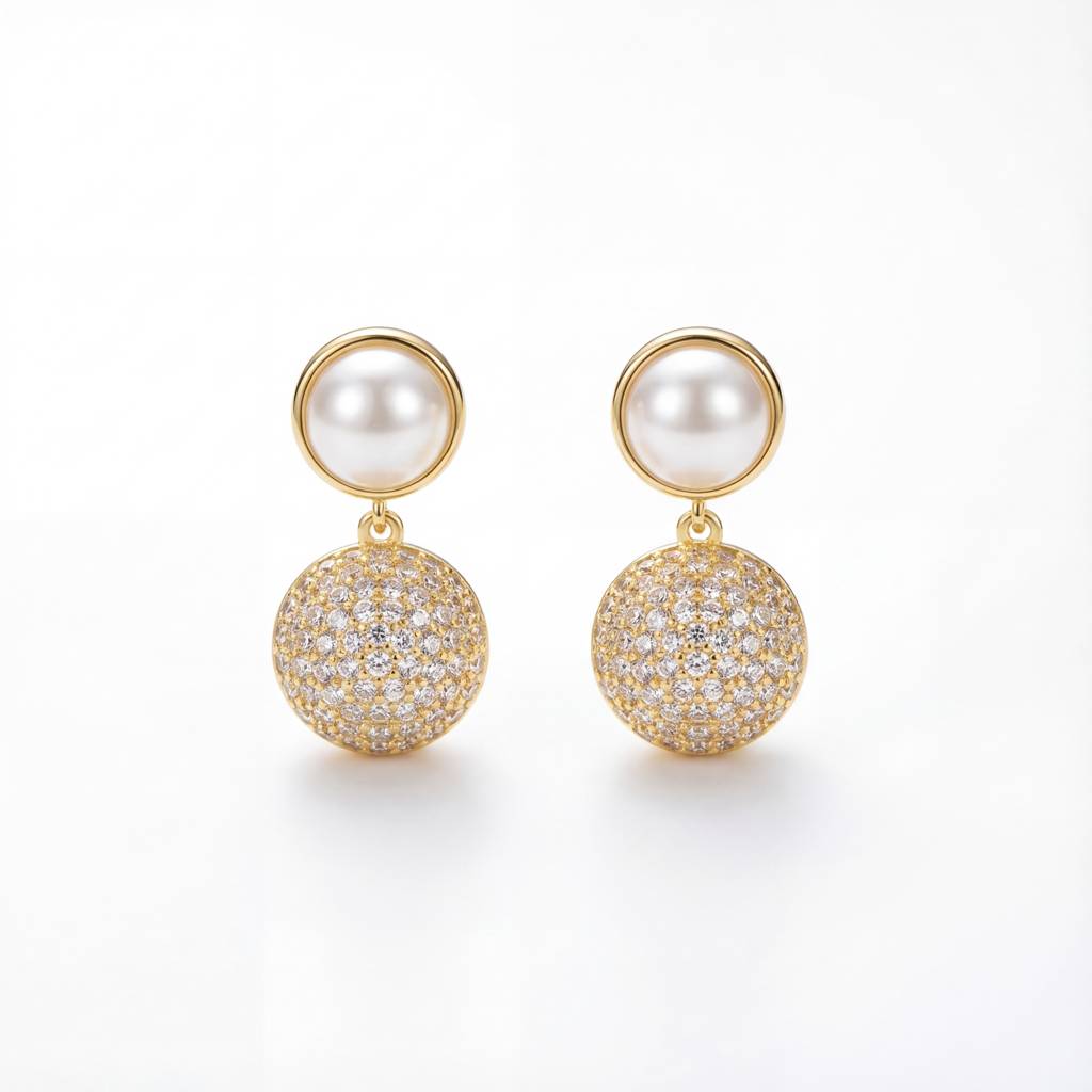 Korean  Orb & Pearl Drop Earrings : YUFSER004-YG