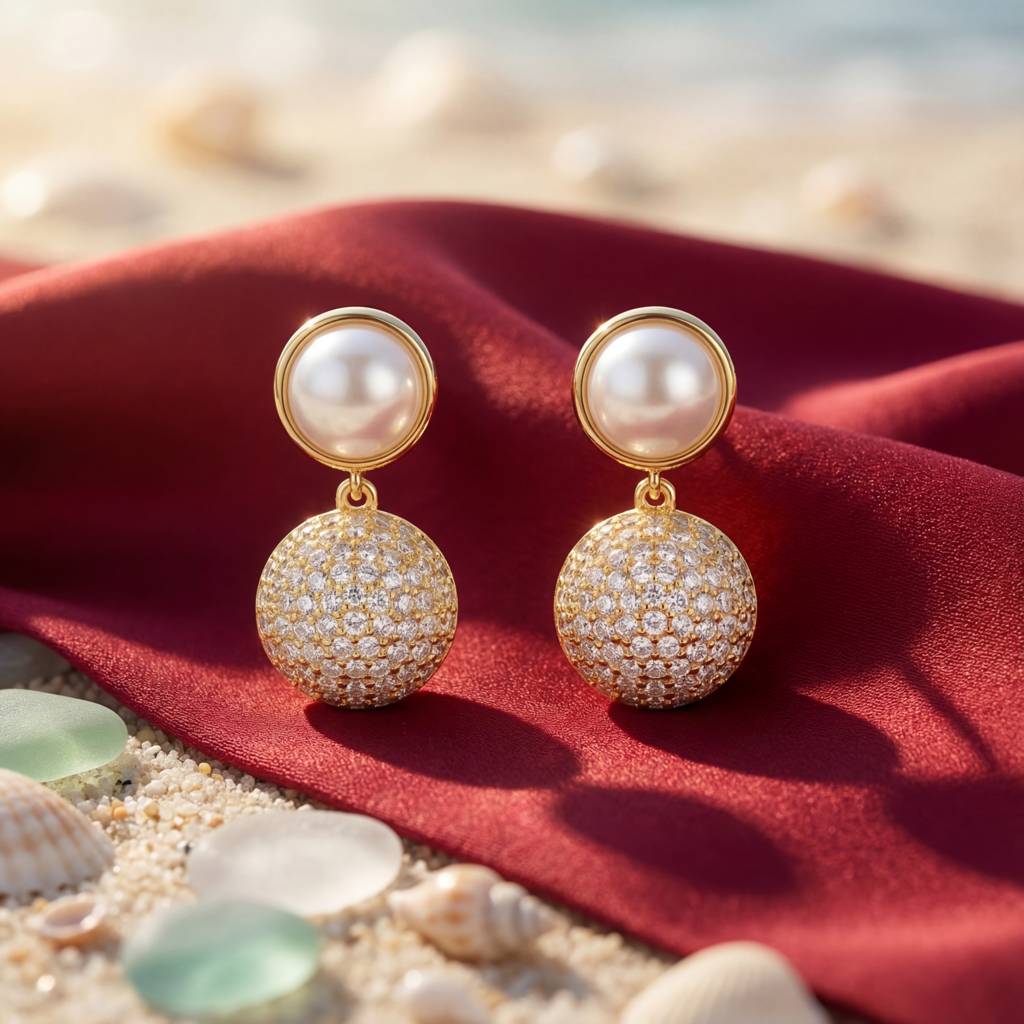 Korean  Orb & Pearl Drop Earrings : YUFSER004-YG