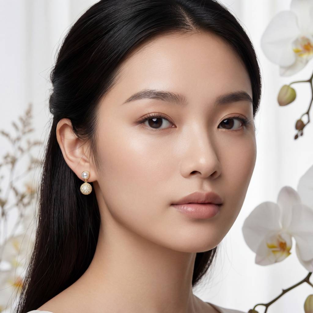 Korean  Orb & Pearl Drop Earrings : YUFSER004-YG