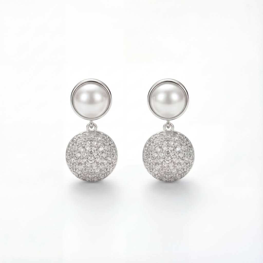 Korean  Orb & Pearl Drop Earrings : YUFSER004-SL