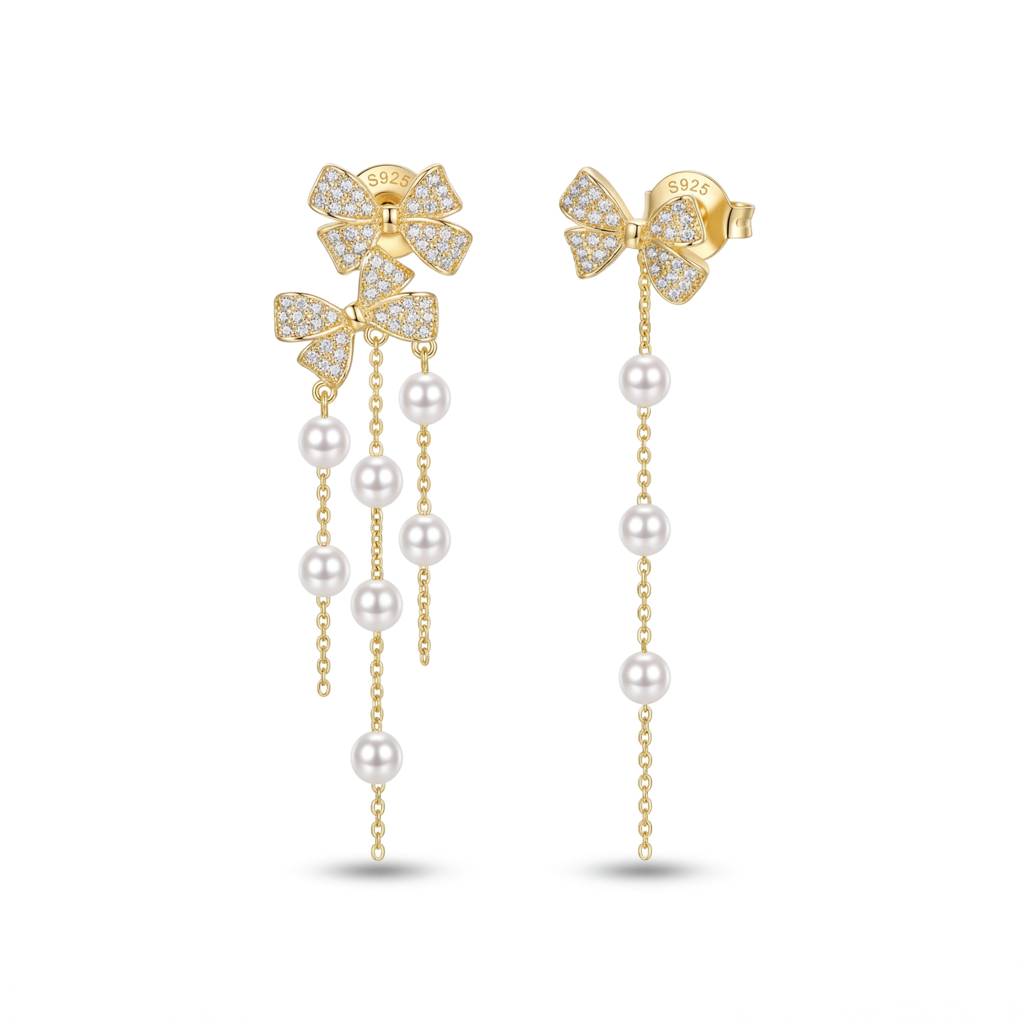 Korean Bow & Shimmering Pearl Drop Earring : YUFSER009-YG