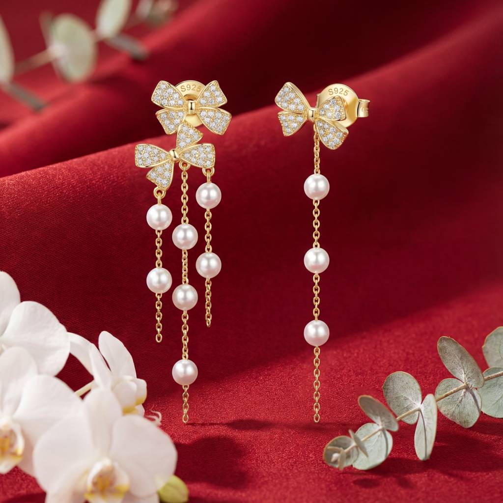 Korean Bow & Shimmering Pearl Drop Earring : YUFSER009-YG