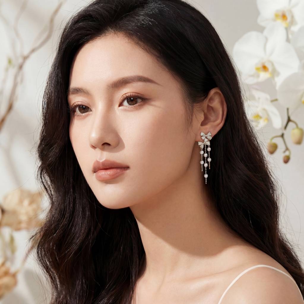 Korean Bow & Shimmering Pearl Drop Earring : YUFSER009-SL