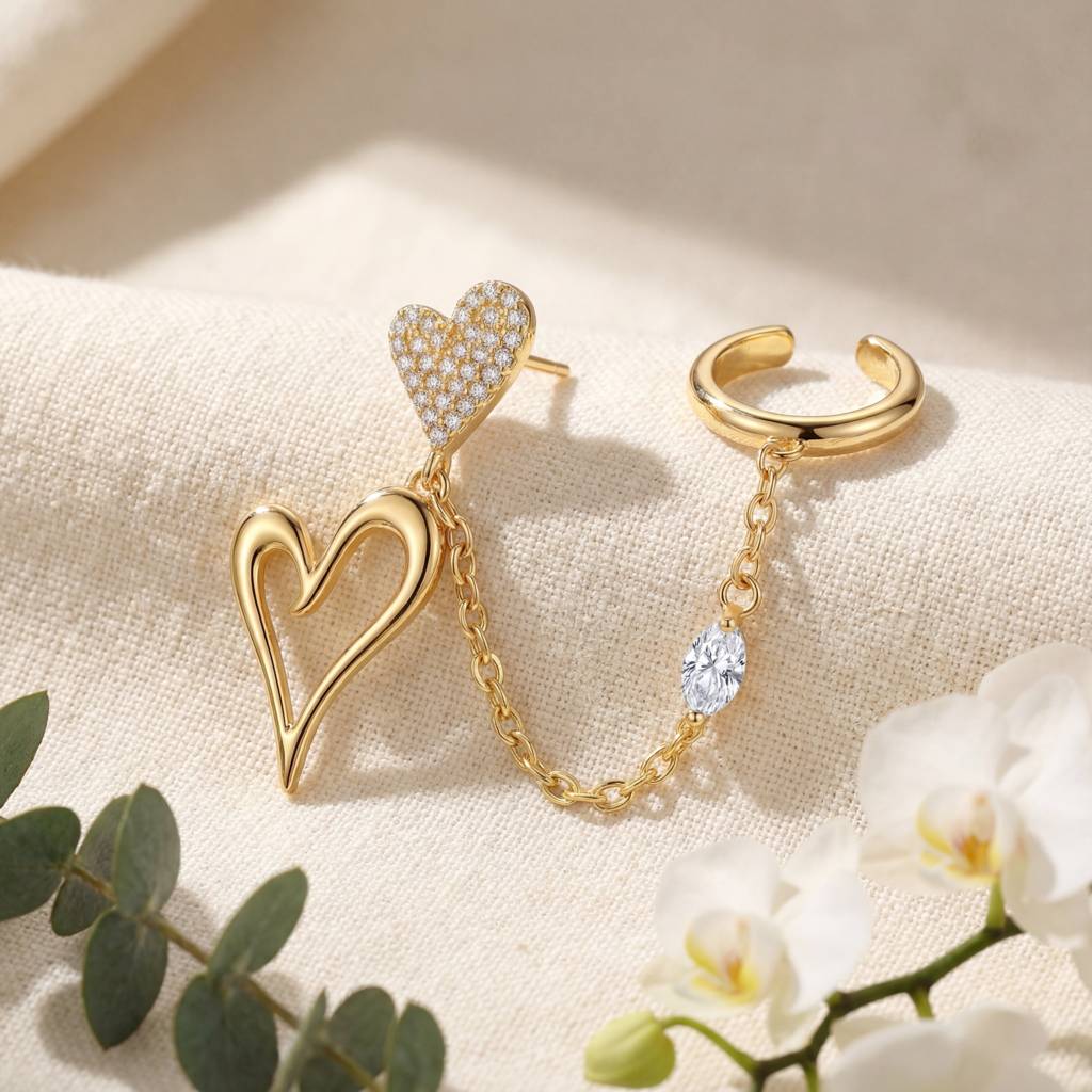 Korean Heart Chain Ear Cuff & Stud : YUFSER010-YG