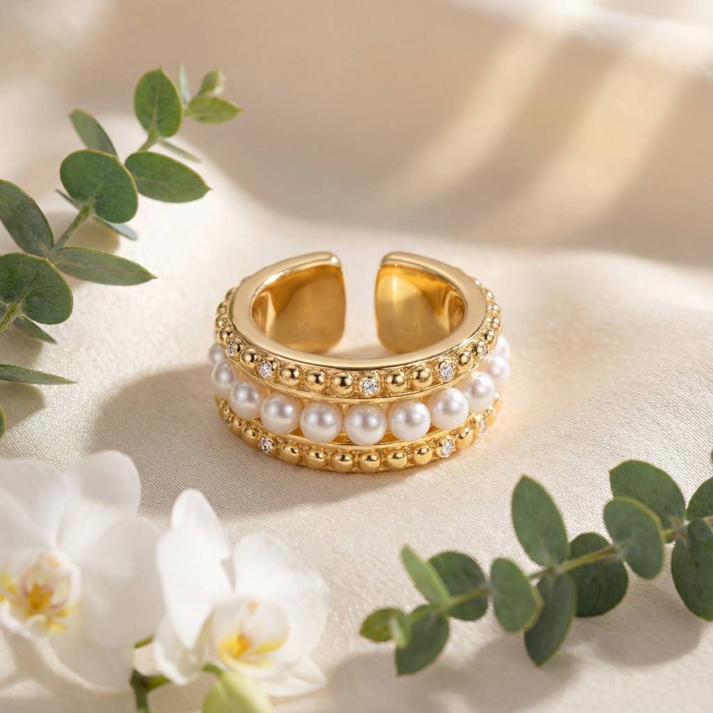 Korean Luminous Pearl & Beaded Orbital Ear Cuff : YUFSER018-YG